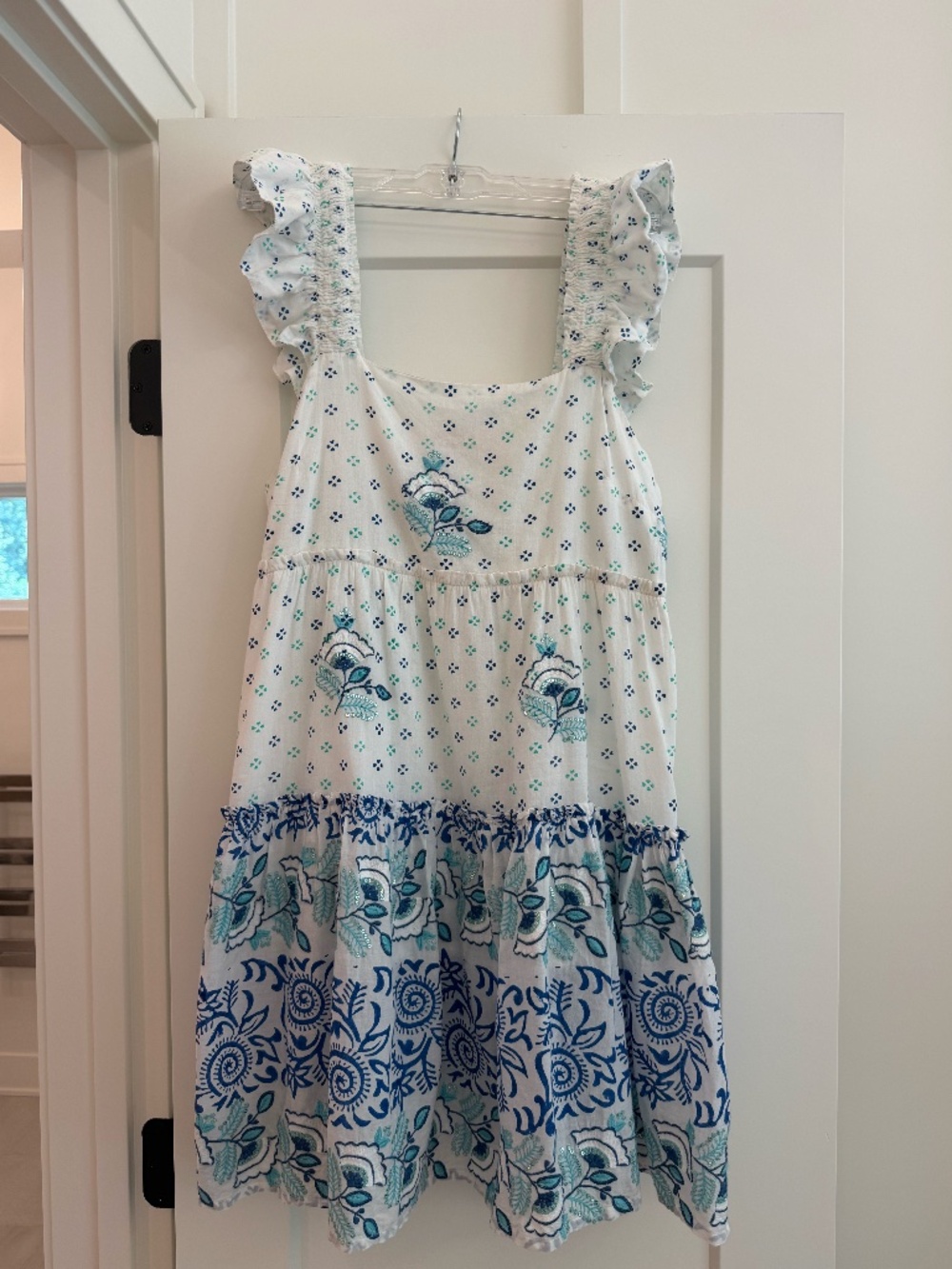 Oliphant Designs Blue Smoked Square Neck Mini Dress - Size Small